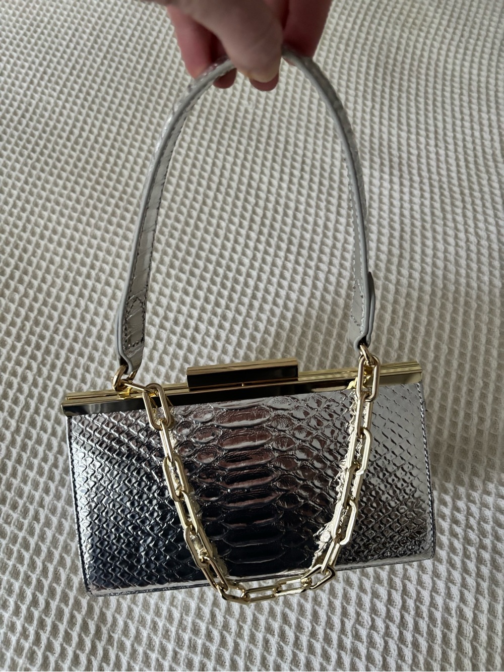 J Crew three-in-one bag in metallic snake-embossed Italian leather